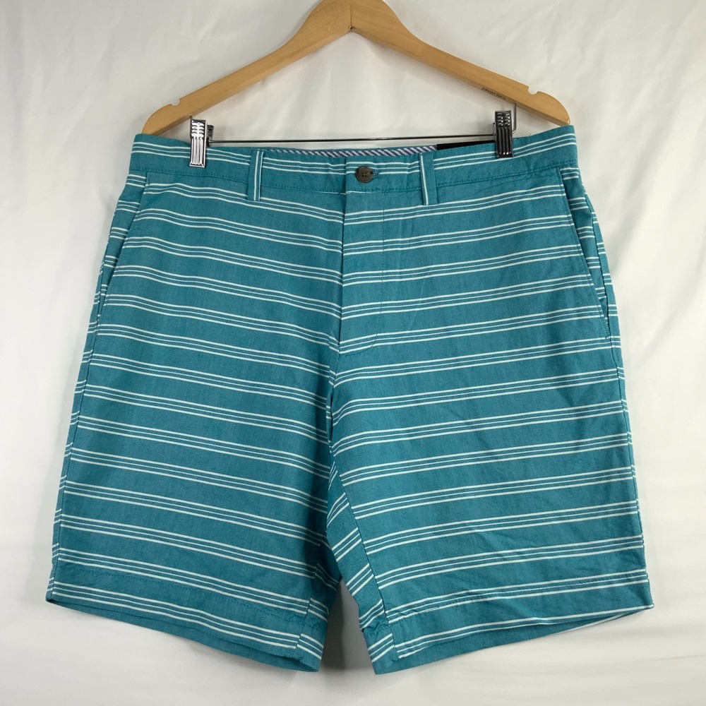 Banana Republic Deck Shorts Mens 34 Teal White Striped Slim Fit 9" Inseam NEW